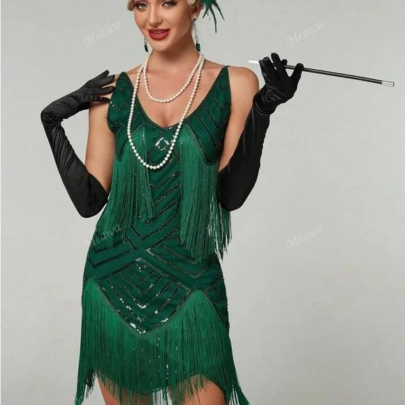Elegant Green Fringe Flapper Party Dress - Picture 5 of 9